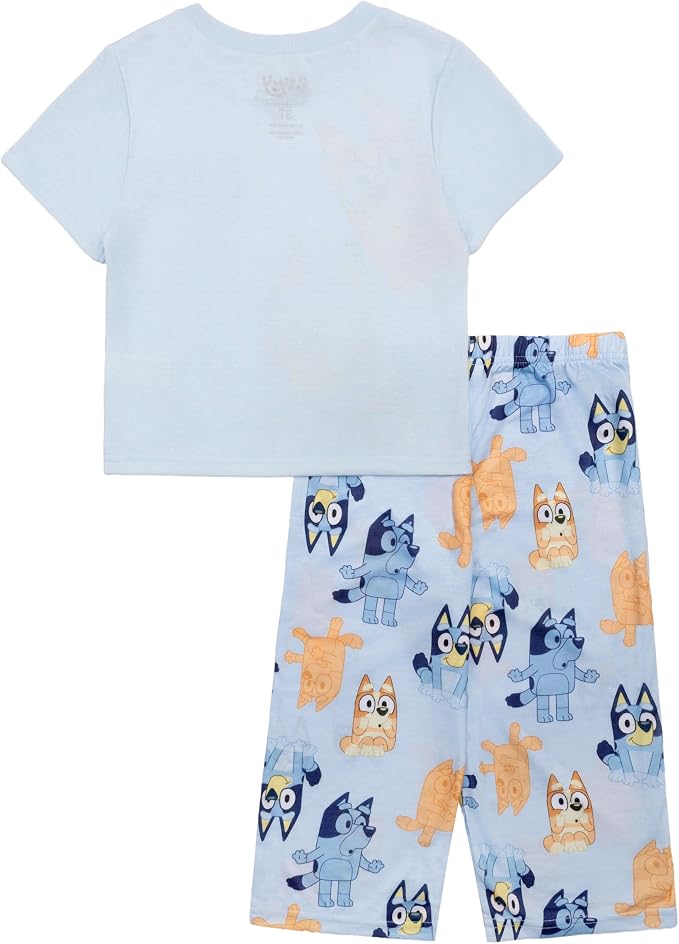 Bluey Toddler 2-Piece Pajama Set with Short Sleeve Tee and Pull-On Pants in Light Blue with Bluey and Bingo Print, Sizes 2T-4T