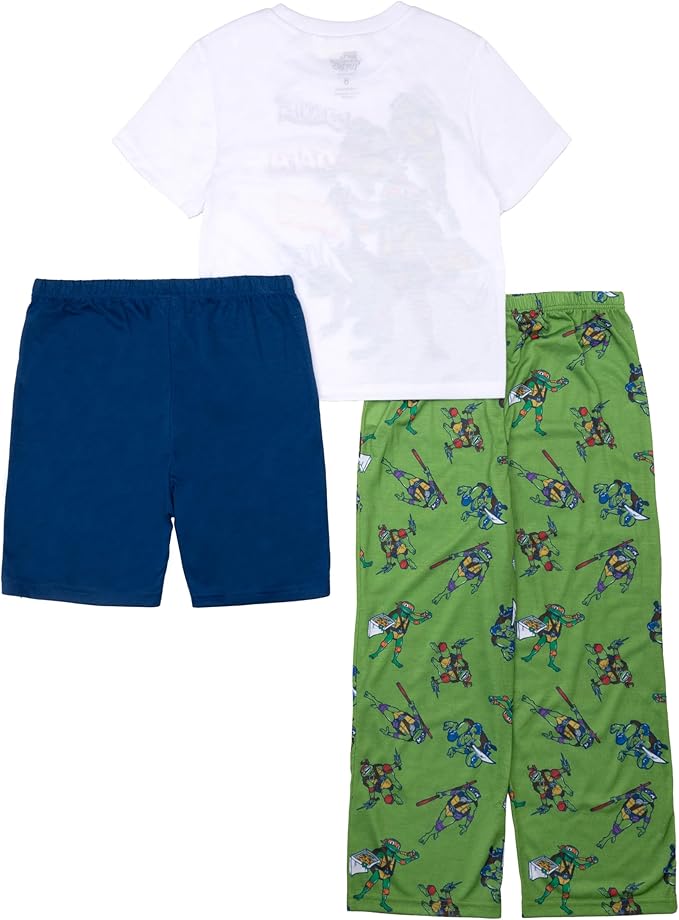 Teenage Mutant Ninja Turtles Kids 3 Piece Pajama Set Short Sleeve Shirt Shorts and Pants Sleepwear Set