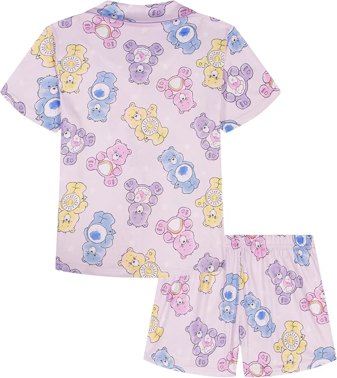 Care Bears Toddler Girls 2-Piece Pajama Set, Short Sleeve Button-Front Top and Shorts, Pink Lavender Character Print, Sleepwear, Sizes 2T-4T
