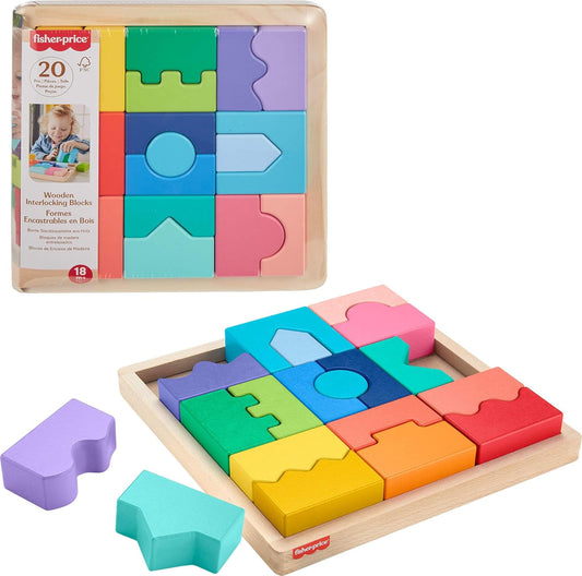 Fisher-Price Wooden Interlocking Blocks Puzzle Set with 20 Pieces for Toddlers