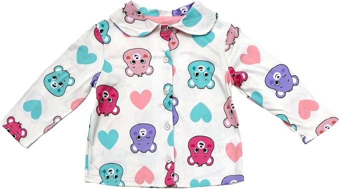Care Bears Toddler 2-Piece Pajama Set, Long Sleeve Button-Front Top and Elastic Waist Pants, Colorful Hearts Print, Sizes 12M-4T