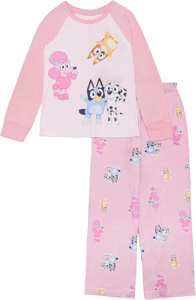 Bluey Toddler Girls Pink 2-Piece Pajama Set Long Sleeve Raglan Top and Pull-On Pants with Character Print Sleepwear Size 2T-4T