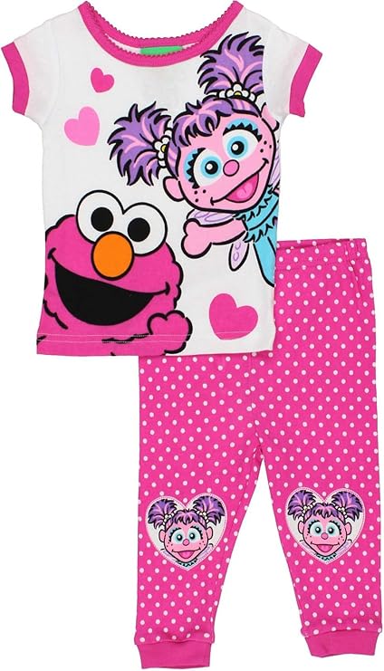 Sesame Street Toddler Girls Elmo and Abby Cadabby 2-Piece Pajama Set – Short Sleeve Top and Polka Dot Pants Sleepwear