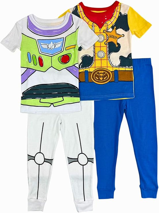 Disney Toy Story Boys 4-Piece Pajama Set – Buzz Lightyear and Woody Sleepwear Bundle with Short Sleeve Tops and Matching Pants