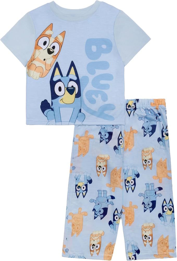 Bluey Toddler 2-Piece Pajama Set with Short Sleeve Tee and Pull-On Pants in Light Blue with Bluey and Bingo Print, Sizes 2T-4T