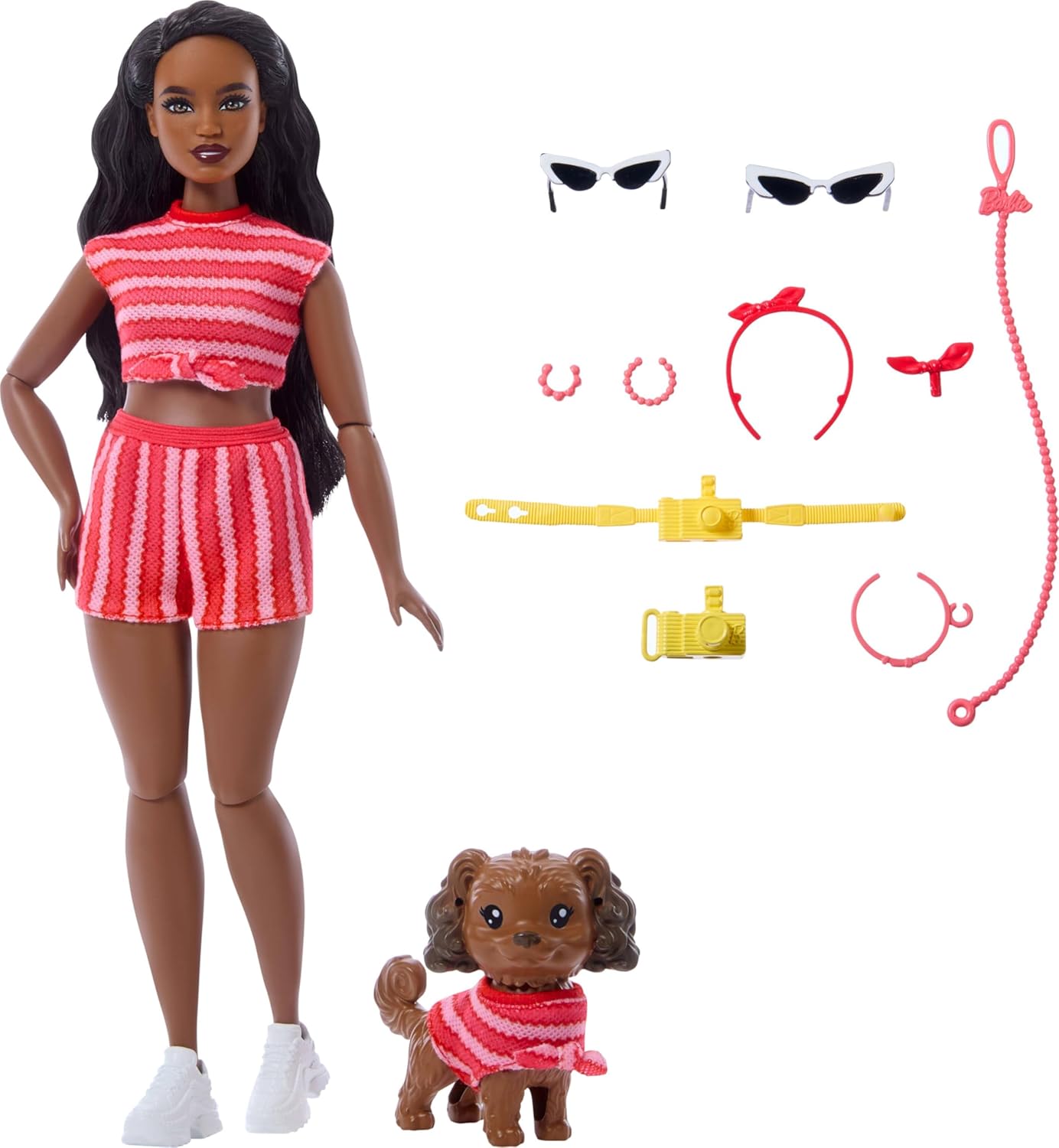 Barbie Twinning Looks Doll and Puppy Set in Red Striped Outfits with Accessories