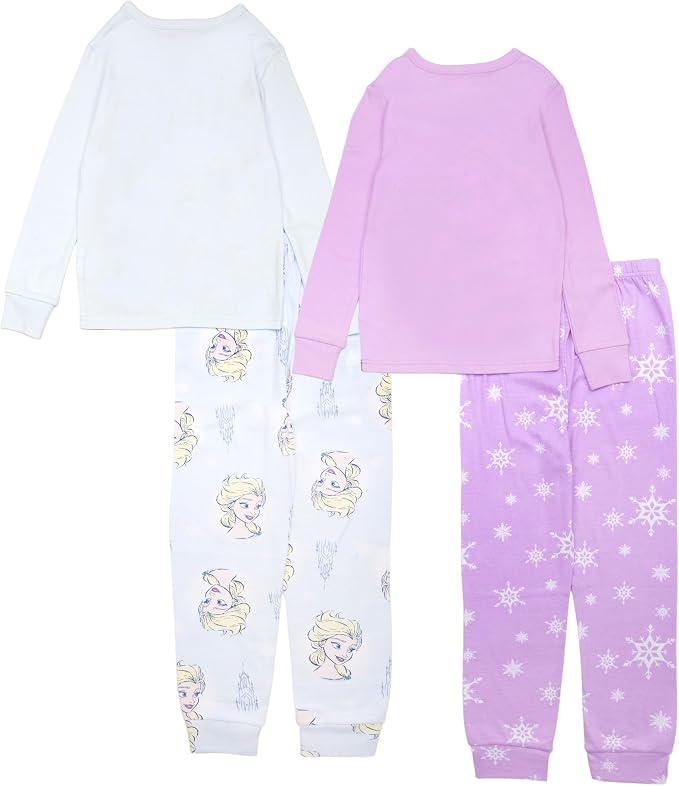Disney Frozen Elsa and Anna Girls 4-Piece Long Sleeve Pajama Set with Snowflake Print Pants, Size 8