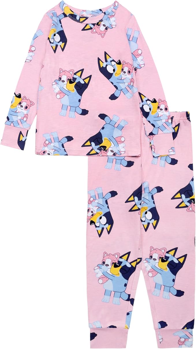 Bluey Toddler Pink Two-Piece Long Sleeve Pajama Set with Bluey and Bingo Print, Top and Jogger Pants, Sizes 12-24 Months
