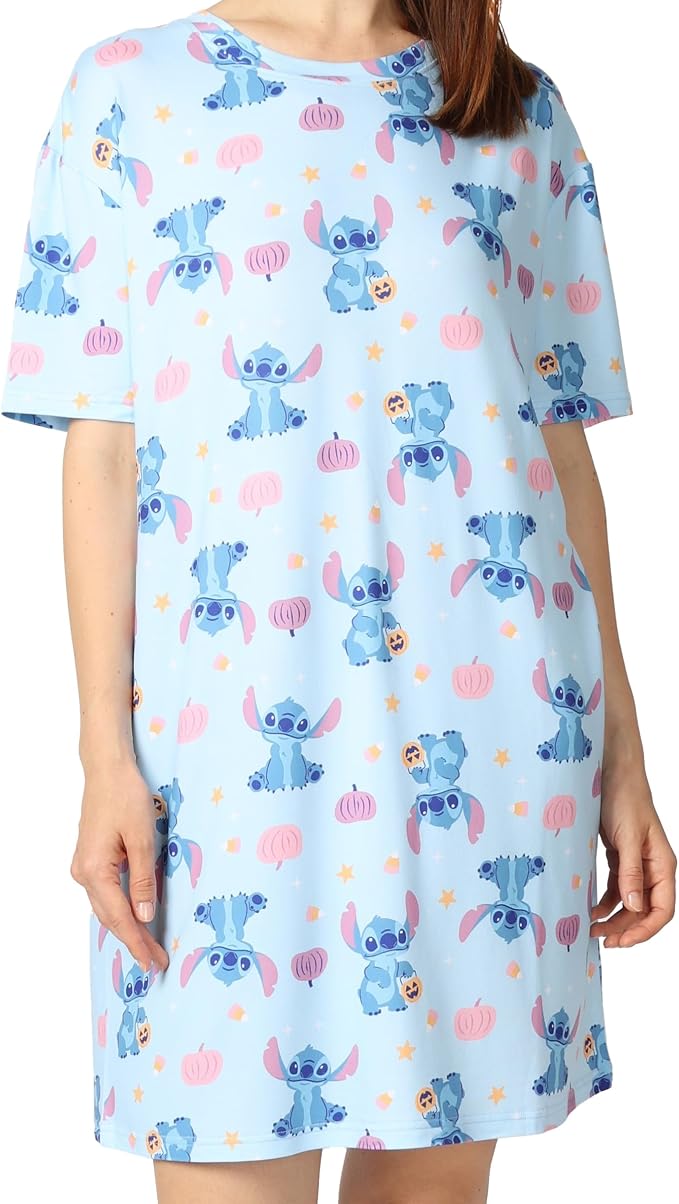 Disney Stitch Women's Nightgown Halloween Pumpkin Print Short Sleeve Sleep Shirt Dress Light Blue Sizes S to XL