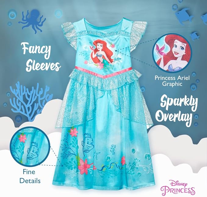 Disney The Little Mermaid Ariel Girls Aqua Nightgown Sleepwear with Shimmer Tulle – Soft Princess Pajamas for Toddlers