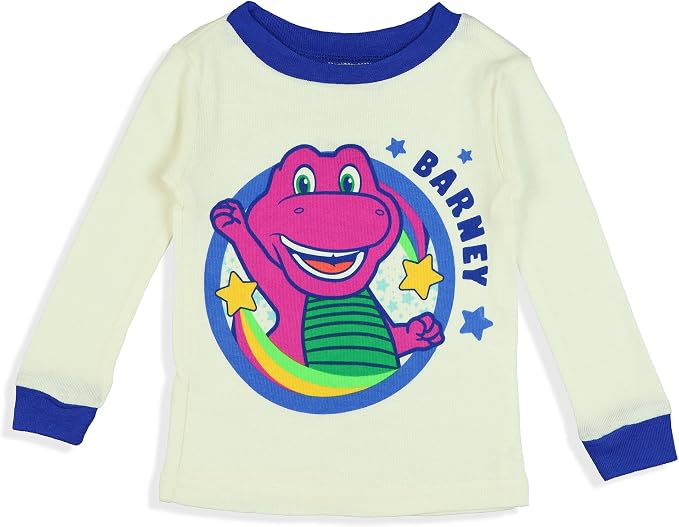 Barney Toddler Unisex 4-Piece Pajama Set with Long Sleeve Tops and Jogger Pants, Cream and Blue and Gray Character Print, Sizes 2T-4T