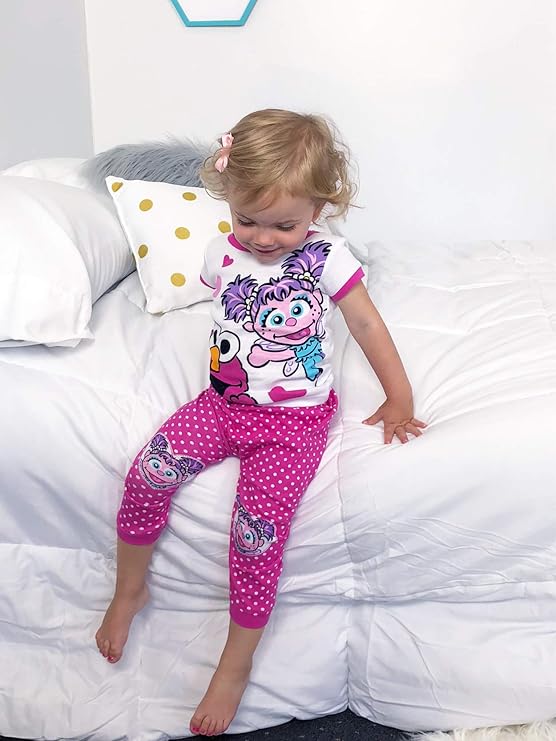 Sesame Street Toddler Girls Elmo and Abby Cadabby 2-Piece Pajama Set – Short Sleeve Top and Polka Dot Pants Sleepwear