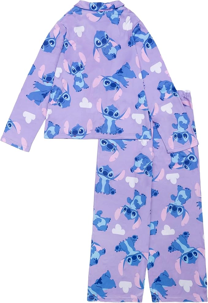 Disney Stitch Girls 2-Piece Button-Down Pajama Set, Long Sleeve Coat Front Shirt and Matching Pants, Lavender Purple
