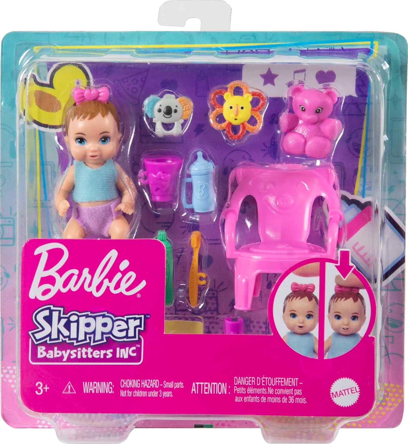 Barbie Skipper Babysitters Inc. Baby Doll Playset with Chair, Bottle, Toys, and Feeding Accessories