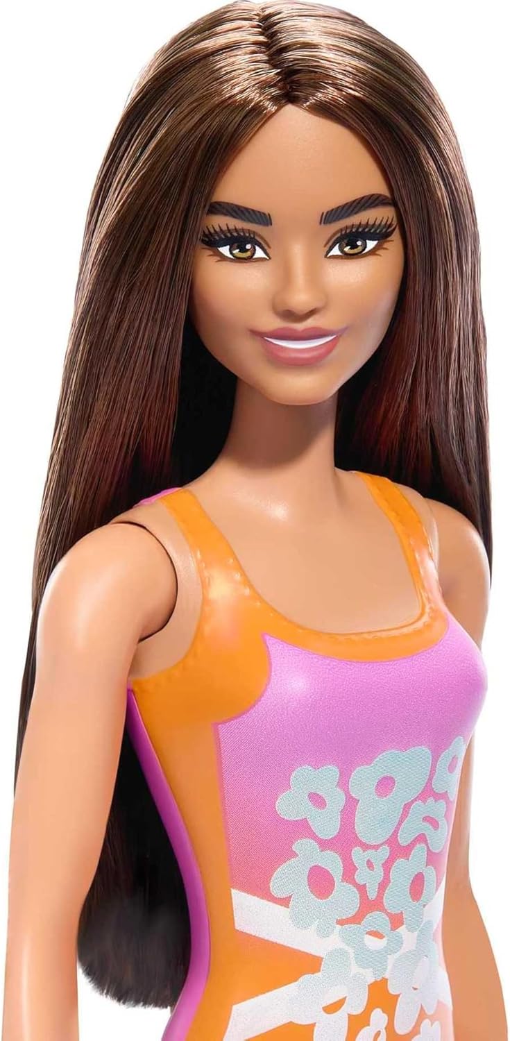 Barbie Beach Doll with Orange and Pink One-Piece Swimsuit, Brunette Hair