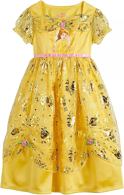 Disney Princess Belle Girls Yellow Nightgown with Gold Overlay Short Sleeve Sleep Dress