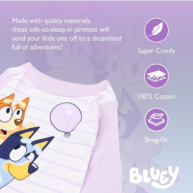 Bluey Toddler Girls 4-Piece Pajama Set Long Sleeve Tops and Pants Cotton Soft Sleepwear