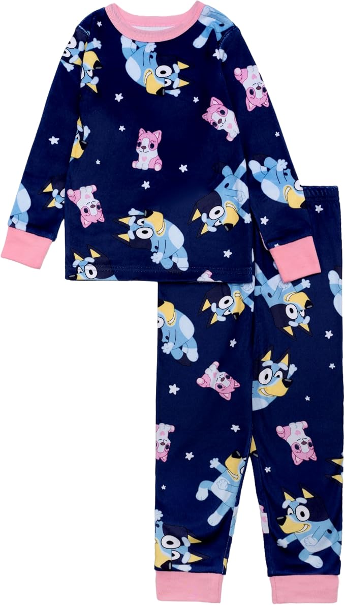 Bluey Toddler Pajama Set Long Sleeve Top and Pants with Bluey and Bingo Star Print Navy and Pink Sleepwear Size 2T-4T
