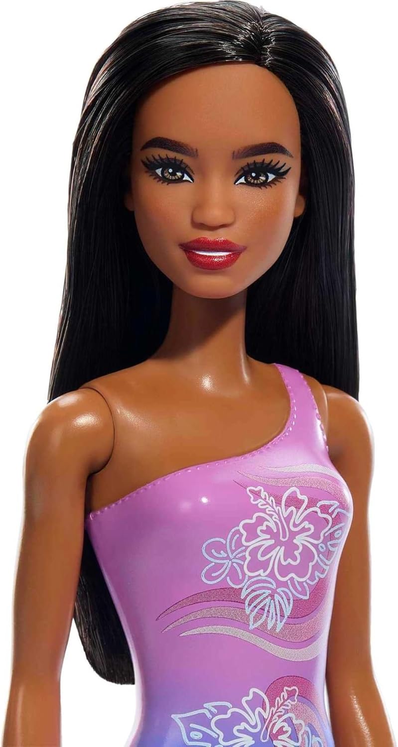 Barbie Beach Doll with Pink and Blue One-Piece Swimsuit, Brunette Hair