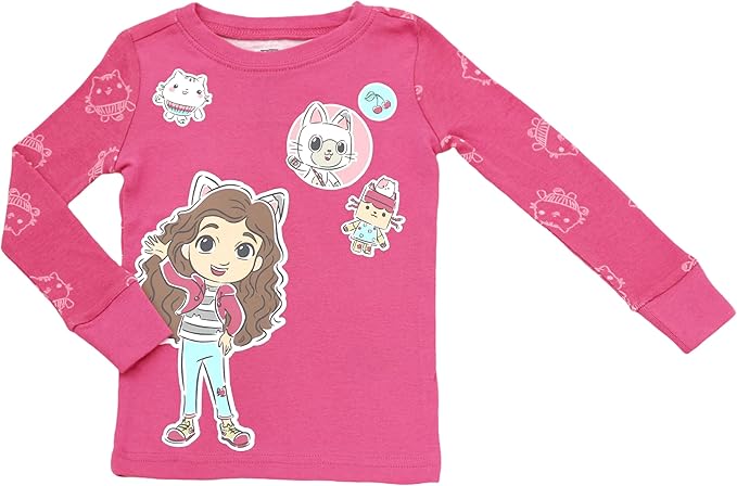 Gabby's Dollhouse Girls 2-Piece Cotton Pajama Set, Long Sleeve Gabby Pandy Paws and Cakey Graphic Top and Pants, Pink