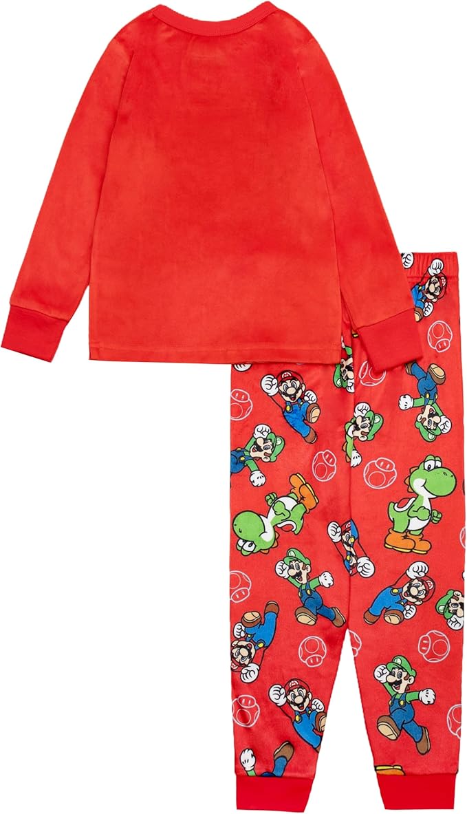 Super Mario Boys 2-Piece Fleece Pajama Set Featuring Mario Luigi and Yoshi Soft Long Sleeve Top with Matching Pants Sleepwear