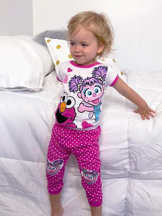 Sesame Street Toddler Girls Elmo and Abby Cadabby 2-Piece Pajama Set – Short Sleeve Top and Polka Dot Pants Sleepwear