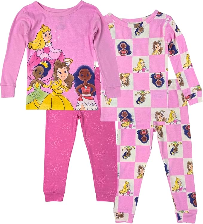 Disney Princess Toddler Girls 4-Piece Pajama Set – Long Sleeve Tops and Pants Sleepwear Mix and Match Set