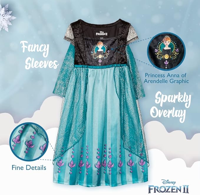 Disney Frozen Anna Girls Nightgown Sleepwear with Shimmer Tulle Overlay – Soft Princess Sleep Dress for Kids