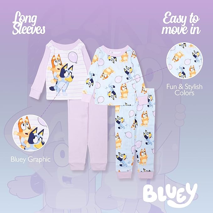 Bluey Toddler Girls Pajama Set – 4-Piece Long Sleeve Sleepwear with Character Prints