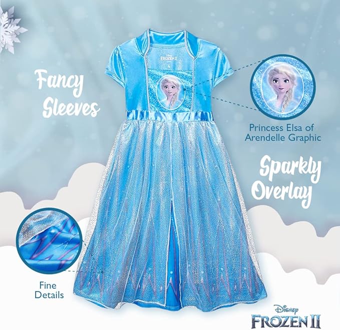 Disney Frozen Elsa Girls Blue Nightgown Sleepwear with Tulle Skirt – Soft Short Sleeve Princess Pajamas for Toddlers