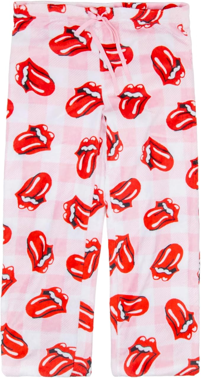 The Rolling Stones Women's Plush Pajama Pants, Red Tongue and Lips Logo on Pink Plaid, Drawstring Waist, Sizes S to XL