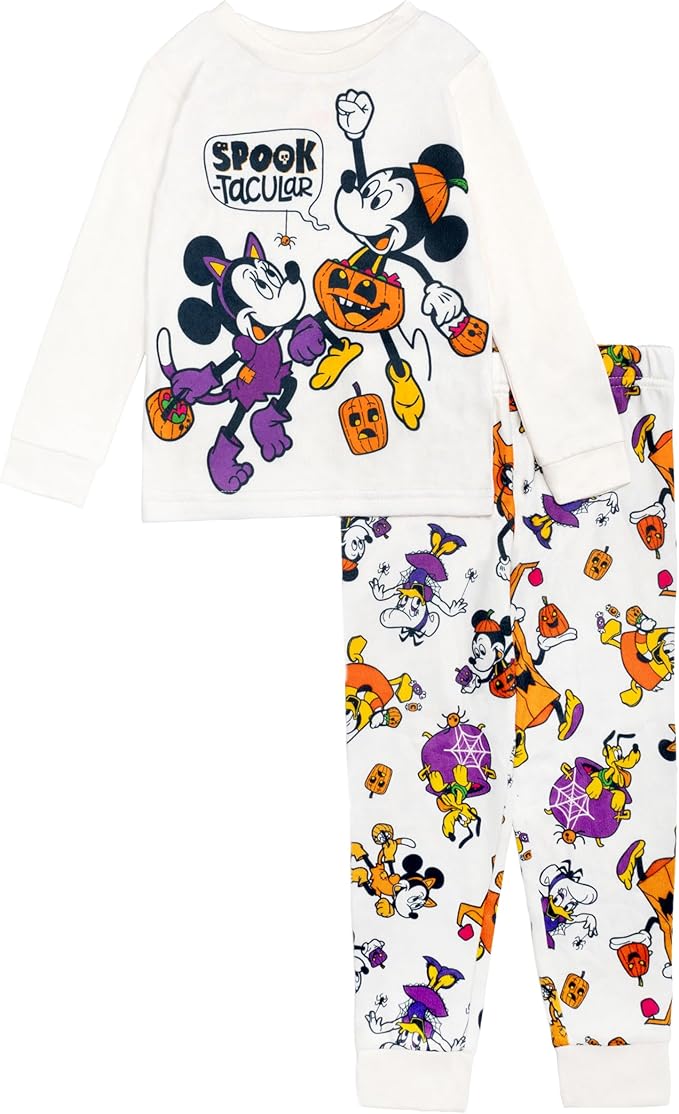 Disney Mickey and Friends Halloween Unisex 2-Piece Cotton Pajama Set, Long Sleeve "Spook-tacular" Graphic Top and Pants, White