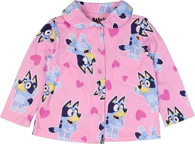 Bluey Girls Toddler Pajama Set Pink Button-Up Top and Pants Hearts Print Long Sleeve Coat Style Sleepwear Size 2T-4T