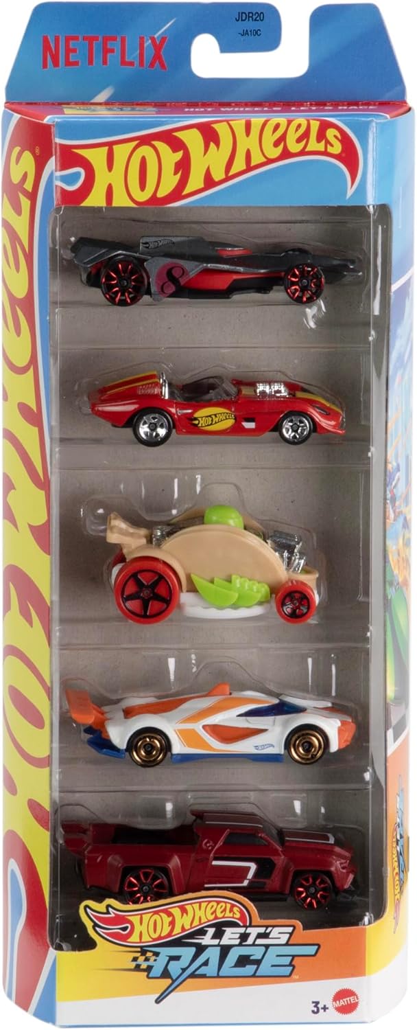 Hot Wheels Die 1:64 Cast Toy Car 5 Pack Assorted Vehicles Fantasy and Sports Car Styles Animated Netflix Series Let’s Race