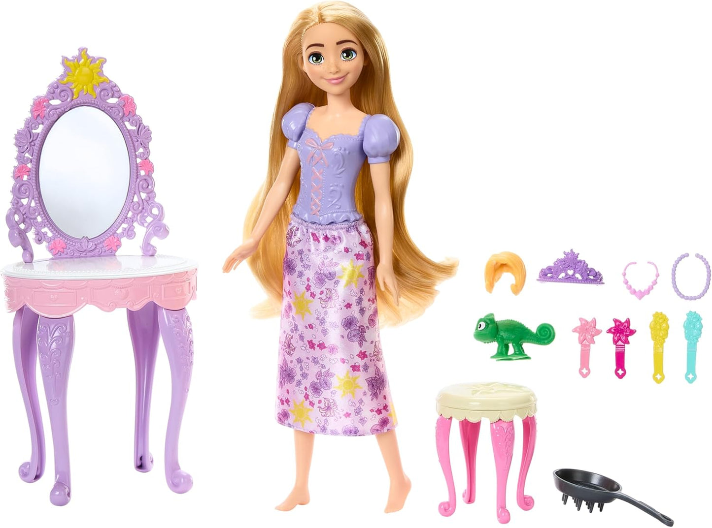 Disney Princess Rapunzel Fashion Doll with Vanity Mirror Stool and Hair Accessories Playset