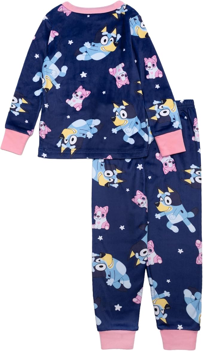Bluey Toddler Pajama Set Long Sleeve Top and Pants with Bluey and Bingo Star Print Navy and Pink Sleepwear Size 2T-4T