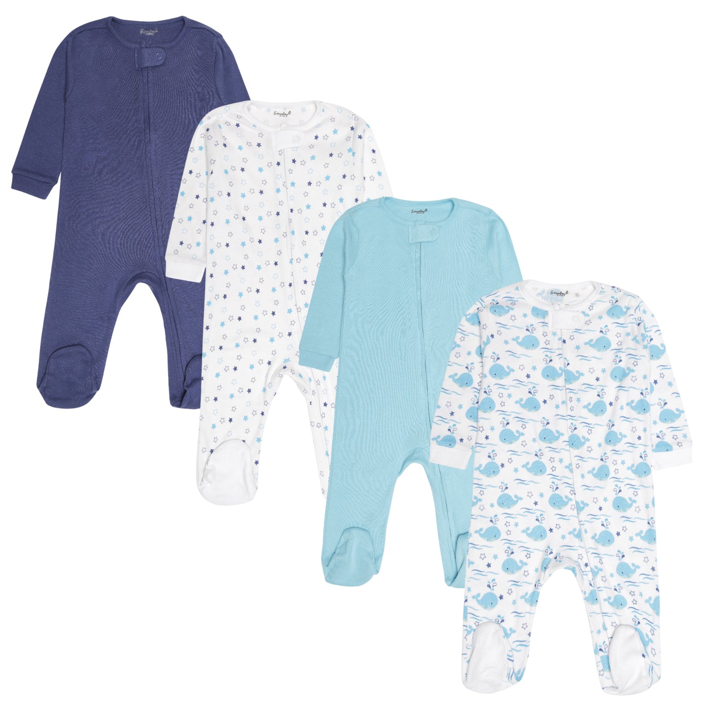 4 Pack Baby Boy Whales Sleepers with Zippers