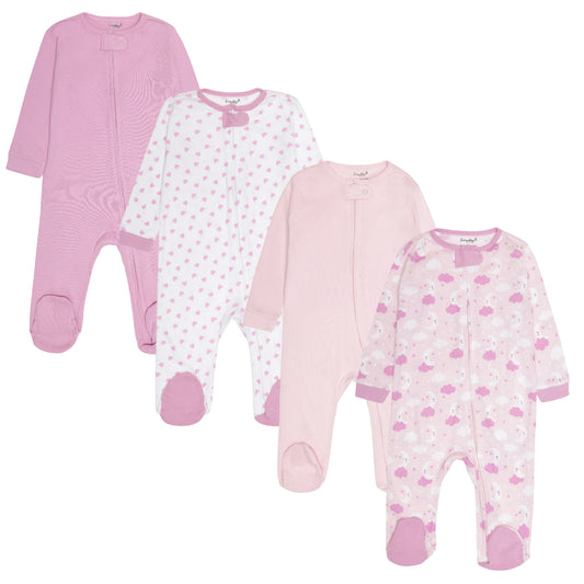 4 Pack Baby Girl Moons and Clouds Sleepers with Zippers - Newborn