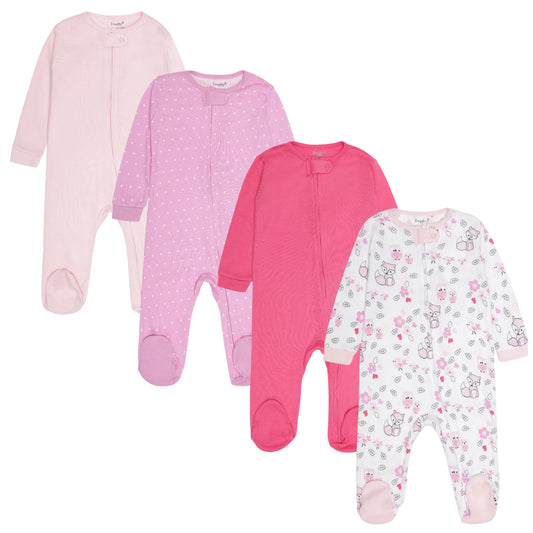 4 Pack Baby Girl Woodland Sleepers with Zippers - Newborn