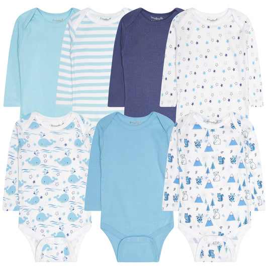 Everyday Kids 7-Pack Blue and Printed Baby Bodysuits – Cotton Onesies for Newborns & Infants – Short or Long Sleeve, Soft & Tagless