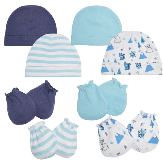 EVERYDAY KIDS 4 Pack of Baby No Scratch Mitten Pairs for Newborns and 4 Pack Baby Boy Hats; Newborn Hats for Boys in Light and Dark Solid Blue and Prints with Stripes and Woodland Fox and Bear Animals