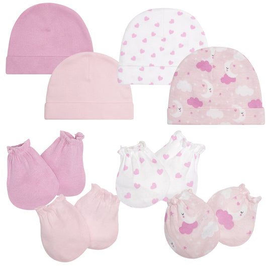 EVERYDAY KIDS 4 Pack of Baby No Scratch Mitten Pairs for Newborns and 4 Pack Baby Girl Hats; Newborn Hats for Girls in Light and Dark Solid Pink and Prints with Hearts and Celestial Stars, Clouds and Moons