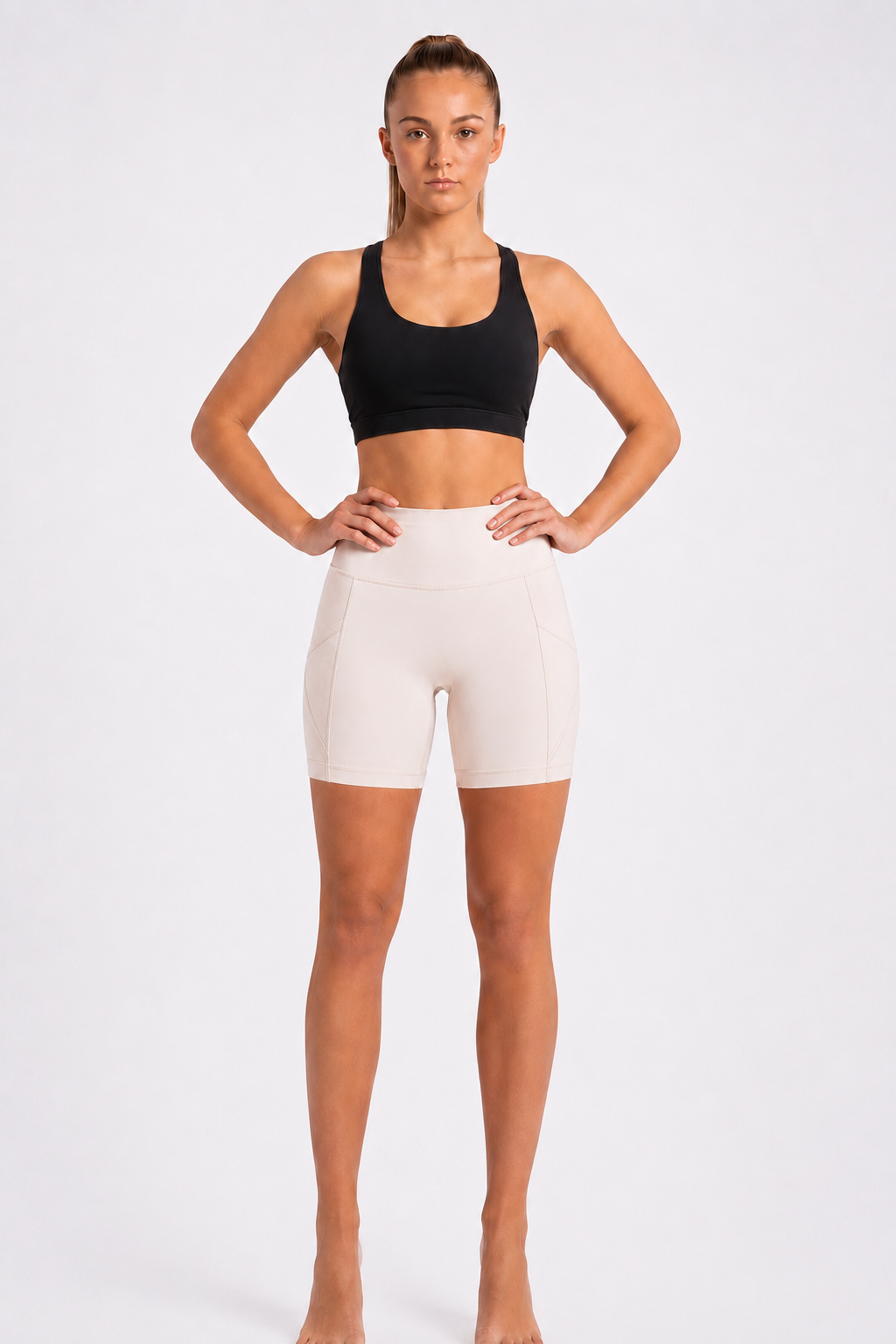 New York Laundry Women's 7-Inch High-Waisted Biker Shorts with Side Pockets, Cream / Beige