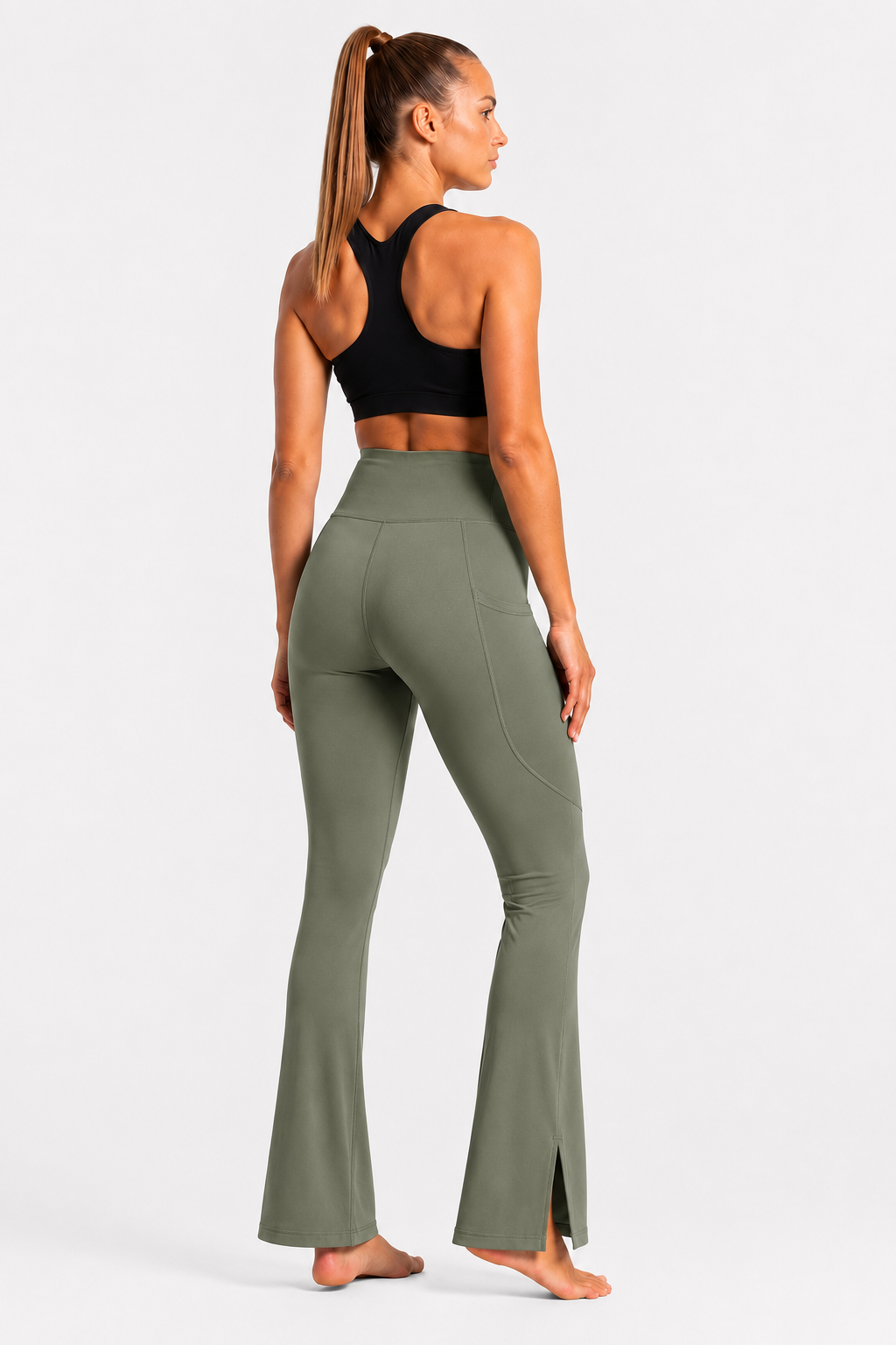New York Laundry Women's High-Waisted Flare Yoga Pants with Side Pockets and Hem Slits, Olive Green