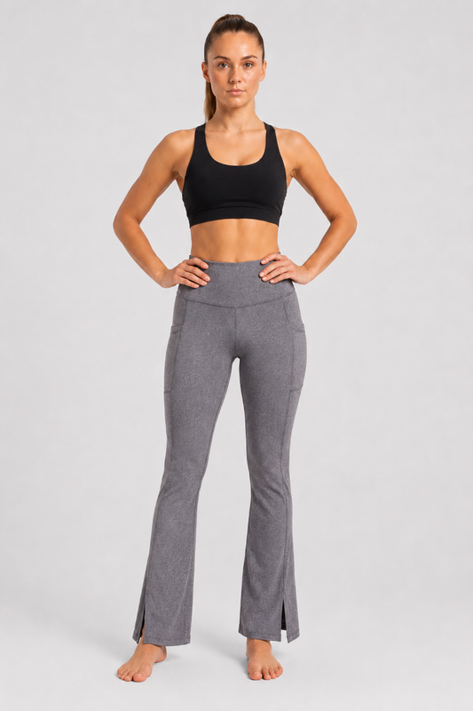 New York Laundry Women's High-Waisted Flare Yoga Pants with Side Pockets and Hem Slits, Heather Grey