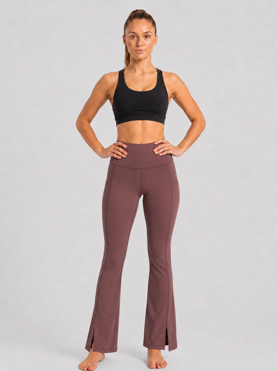 New York Laundry Women's High-Waisted Flare Yoga Pants with Side Pockets and Hem Slits, Mauve / Brown