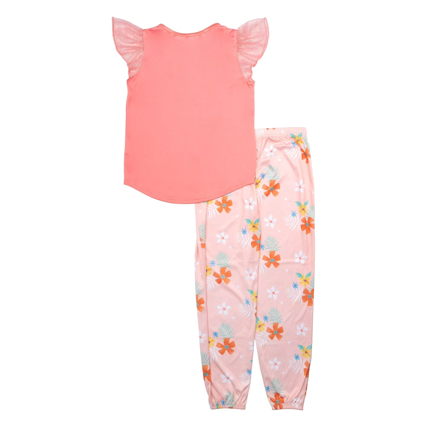Disney Moana Girls 2-Piece Pajama Set, Short Sleeve Graphic Tee and Matching Tropical Print Pants, Teal and Coral