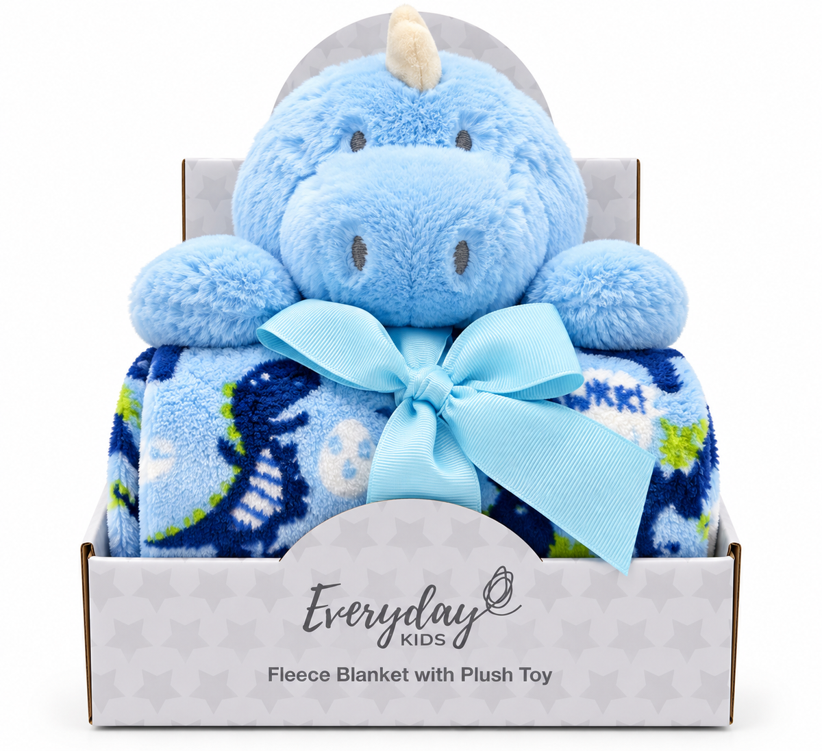 Everyday Kids Fleece Baby Blanket with Plush Blue Dinosaur Toy Gift Set, Soft Dino Print Throw, 36 x 30 Inches