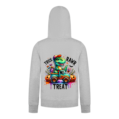 Everyday Kids “Trick RAWR Treat” Dinosaur Halloween Hoodie – Cute T-Rex Truck Graphic with Pumpkins & Candy – Fun Fall Zip-Up Sweatshirt for Boys, Heather Gray