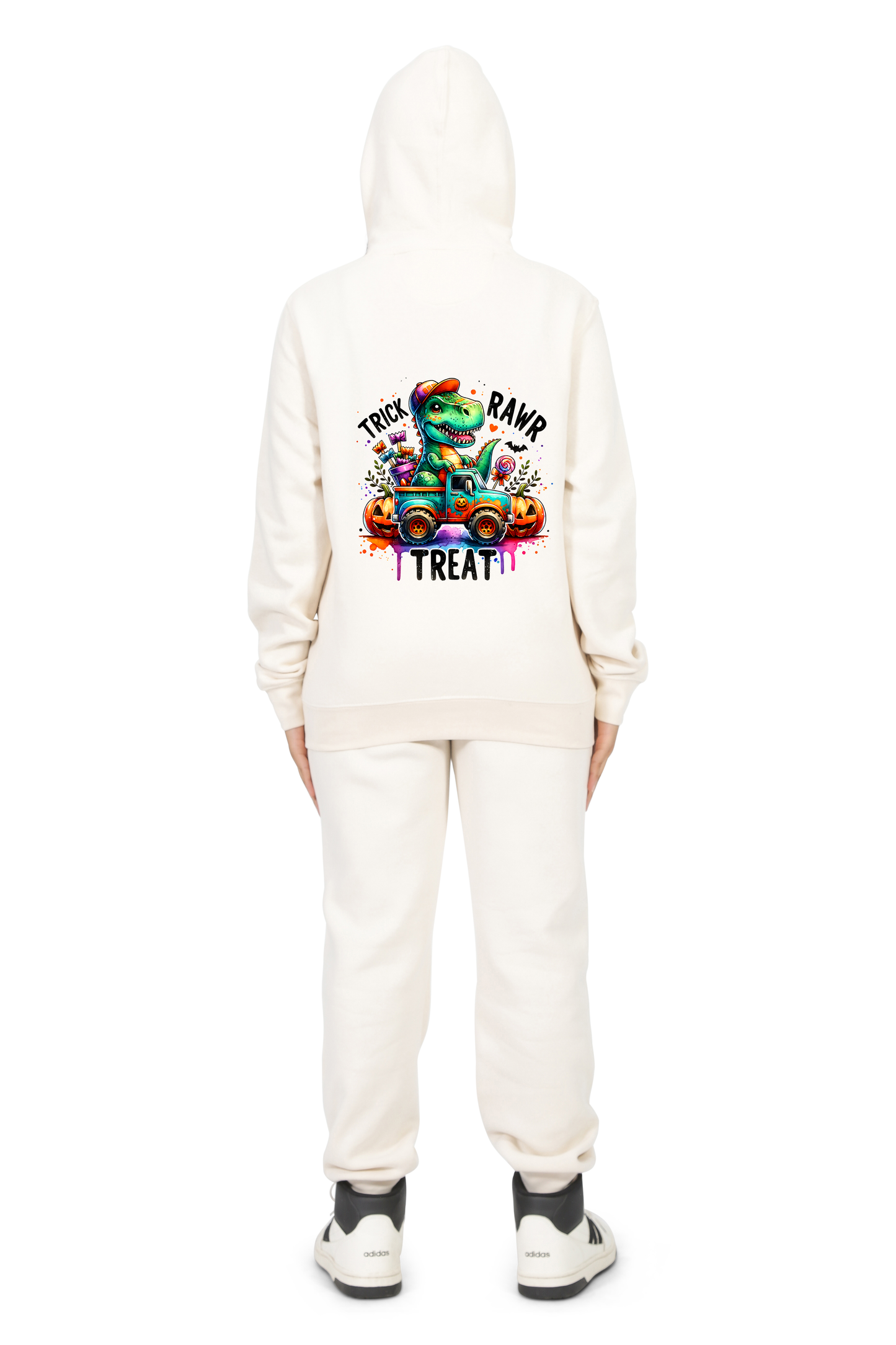 Everyday Kids “Trick RAWR Treat” Dinosaur Halloween Hoodie – Cute T-Rex Truck Graphic with Pumpkins & Candy – Fun Fall ZIp-up Sweatshirt for Boys, Off-White